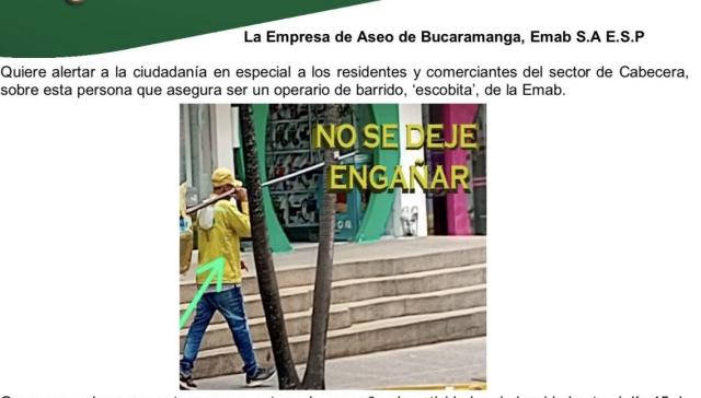Denuncian que falso trabajador de empresa de aseo estaría estafando a comerciantes en Bucaramanga