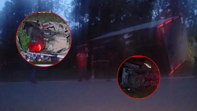 Motociclista murió tras chocar con camión. El vehículo de carga se volcó