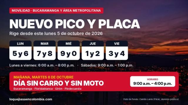 Nuevo pico y placa en Bucaramanga desde el 5 de octubre de 2026 y día sin carro y sin moto el 6 de octubre
