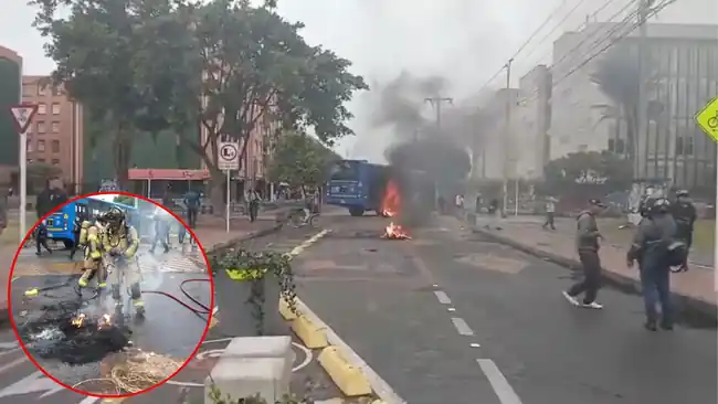 ATENCIÓN: Encapuchados vandalizaron y quemaron buses del SITP durante bloqueos en la Universidad Distrital de Bosa, en Bogotá