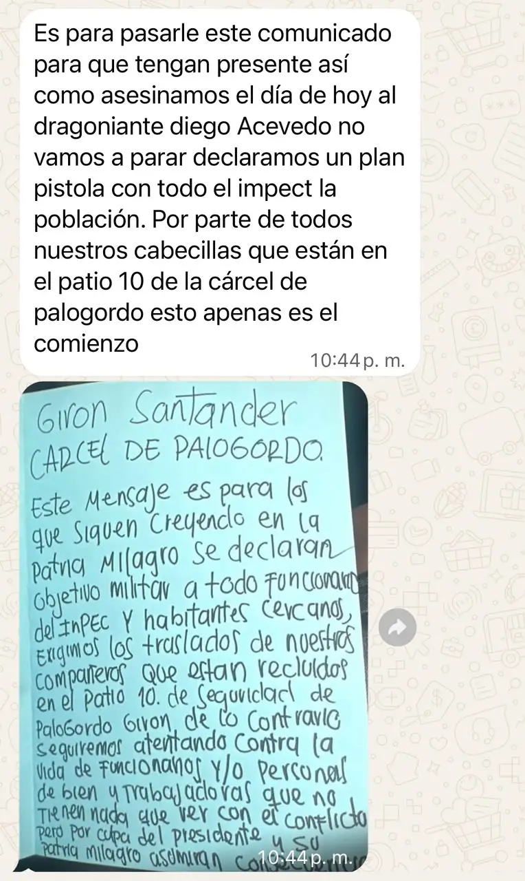 Mensajes amenazantes contra funcionarios del Inpec que circularon tras el asesinato del dragoneante en Girón