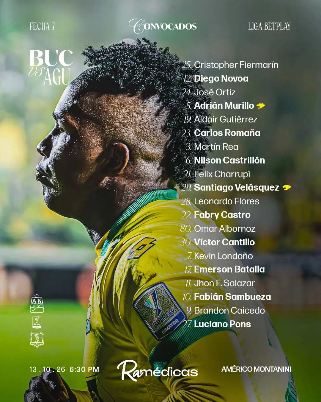 Lista de convocados del Atlético Bucaramanga para el partido contra Águilas Doradas por la fecha 7 de la Liga BetPlay, 13 de octubre de 2026