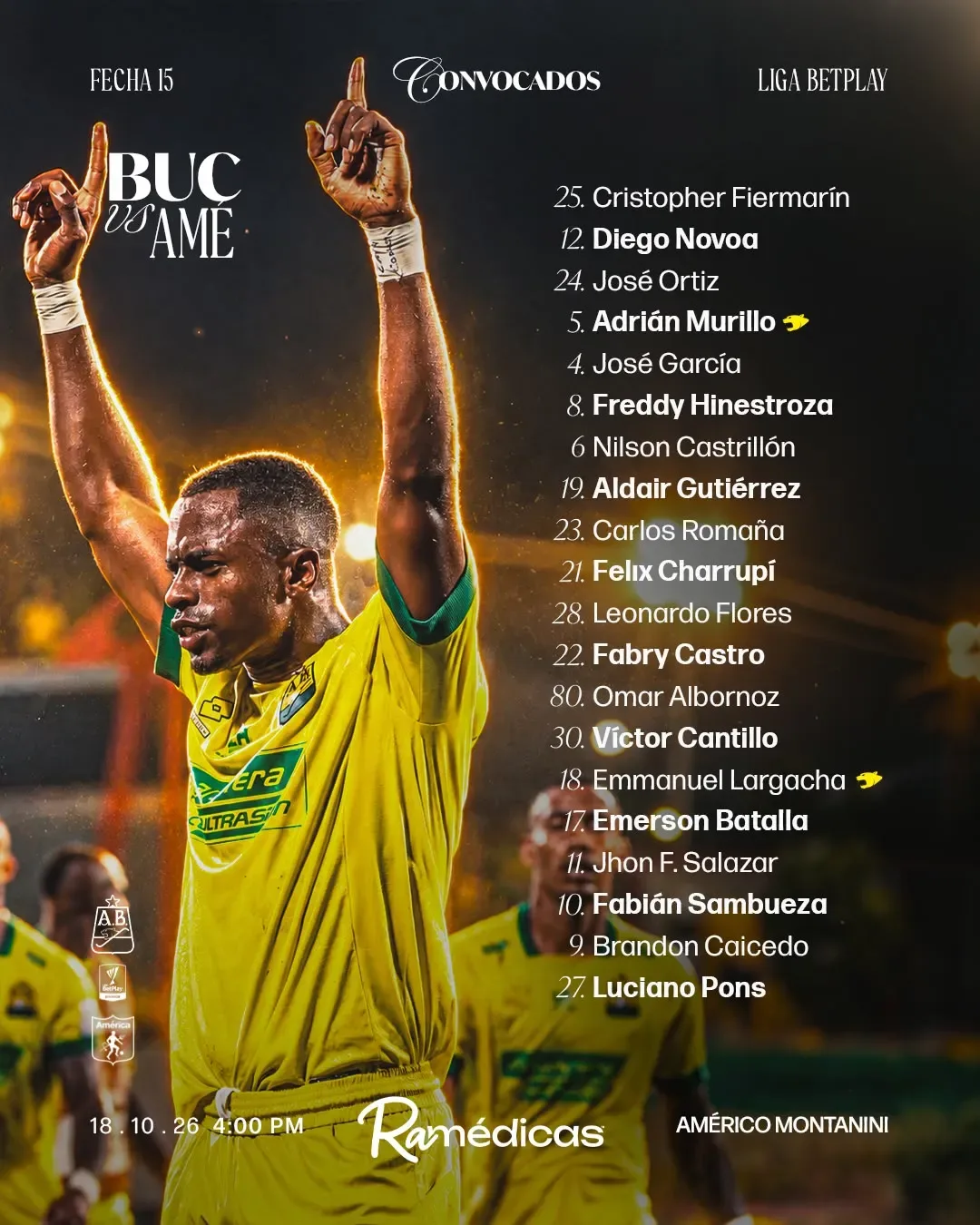 Lista oficial de los 20 convocados del Atlético Bucaramanga para el partido contra América de Cali, fecha 15 de la Liga BetPlay 2026-II