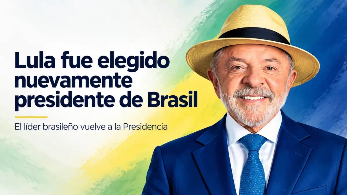 Ilustración de Luiz Inácio Lula da Silva con sombrero de paja y traje azul sobre un fondo con los colores de la bandera de Brasil