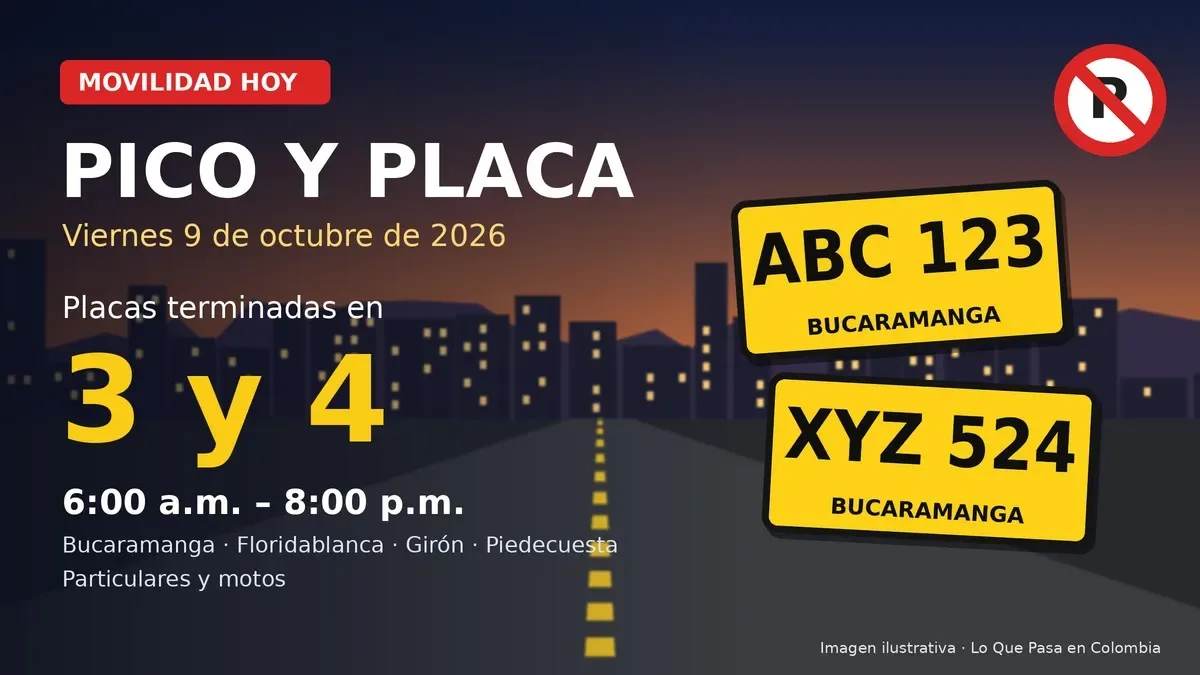 Ilustración de pico y placa en Bucaramanga para el viernes 9 de octubre de 2026 con placas terminadas en 3 y 4
